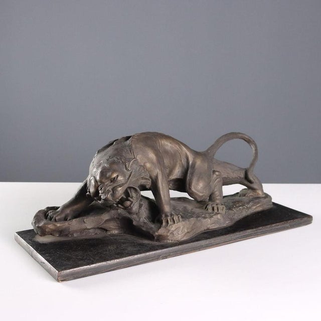 Modern Bronze Feline Figurine with Wooden Base For Sale - Image 10 of 10