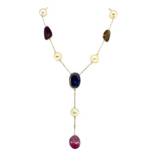 South Sea Pearl Ruby Sapphire Necklace 14k Gold Certified For Sale