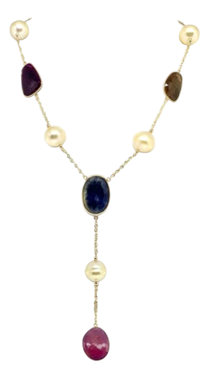 South Sea Pearl Ruby Sapphire Necklace 14k Gold Certified