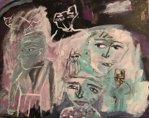 Original Naive Figurative Abstract Acrylic Painting, "Listening"