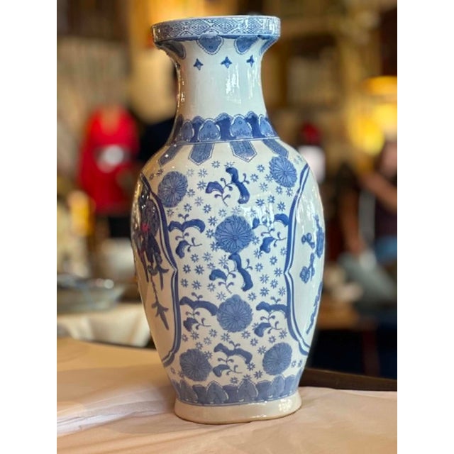 Blue and White Chinoiserie Tall Vase For Sale - Image 4 of 9