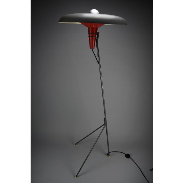 Mid-Century Tripod NX 38 Floor Lamp with Red Cone and Grey Saucer Shade by Louis Kalff for Philips, Netherlands, 1950s For Sale - Image 6 of 14