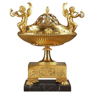 French Empire Centerpiece Perfume Burner in Gilt Bronze and Marble For Sale