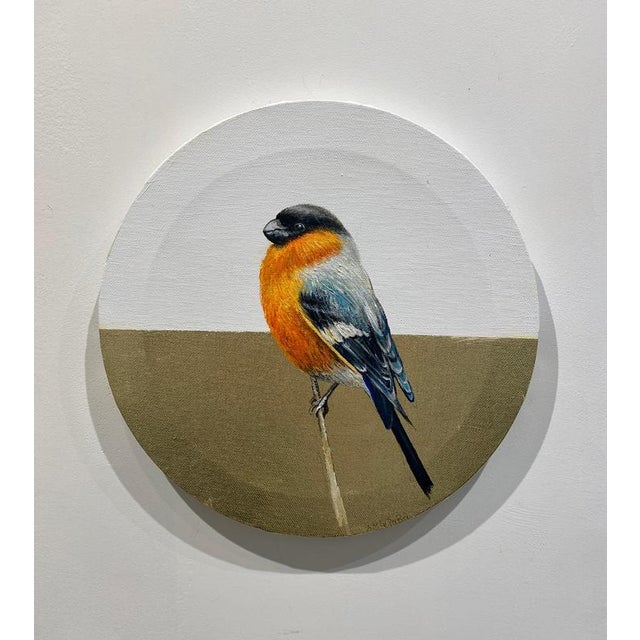 This contemporary circular bird painting by Anastasia Gklava features a Eurasian Bullfinch rendered in luminous oil paint...