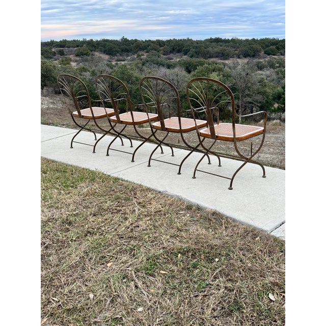 Vintage Drexel Heritage Bronze Wrought Iron, Wood, Woven Cane Set of Four Arm Chairs For Sale In Austin - Image 6 of 14