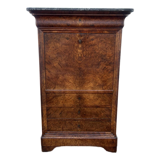 French 19th Century Louis Philippe Burl Walnut Marble Top Secretaire For Sale