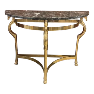 Hollywood Regency 1970s Brass Horse Half Circle Console Table With Marble Top