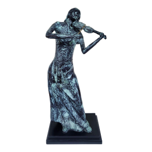 Vintage Mid-Century Modern Continental School Verdigris Bronze Sculpture Lady Fiddler