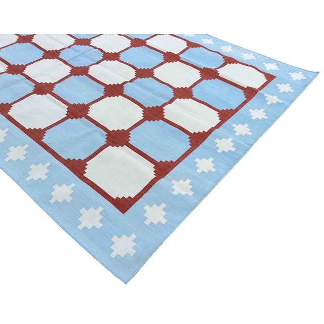 Sky Blue Handwoven Cotton Area Rug, Sky Blue and Terracotta Red Tile Swedish Dhurrie - 6'x9' For Sale - Image 8 of 13