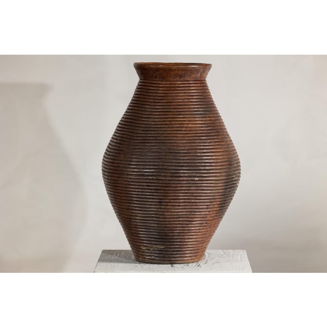 Ribbed Vintage Pottery Vase With Burnished Surface For Sale - Image 17 of 18