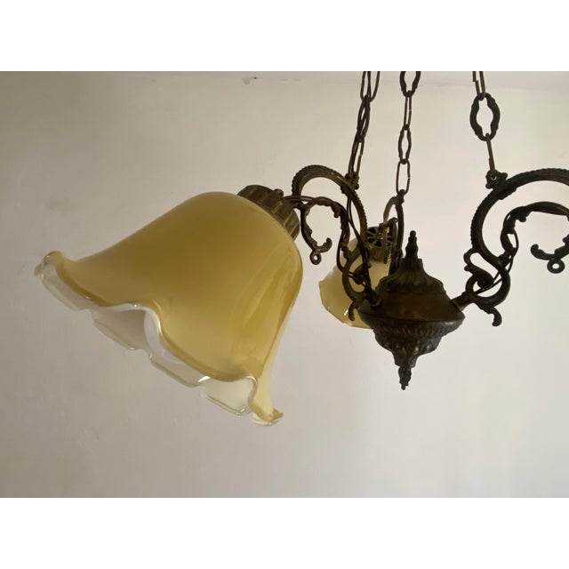 Vintage Art Nouveau Revival Three-Light Chandelier with Opaline Glass Shades, Yugoslavia, 1960s For Sale - Image 6 of 12