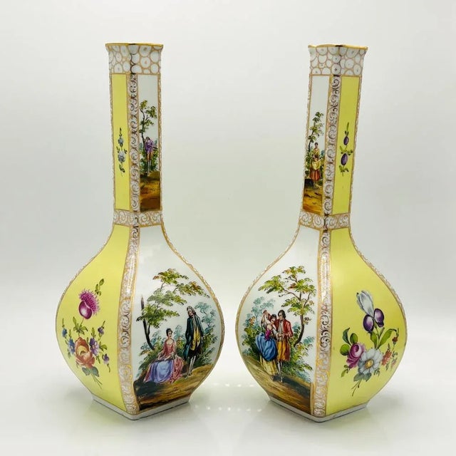 Porcelain Vases with Yellow Ground and Watteau Scenes from Helena Wolfsohn Dresden, 1875, Set of 2 For Sale - Image 4 of 13