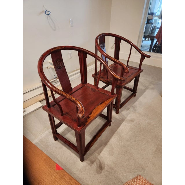Early 1900s Wonderful Pair of Chinese Red Ming Horseshoe Chairs - a Pair For Sale - Image 4 of 13
