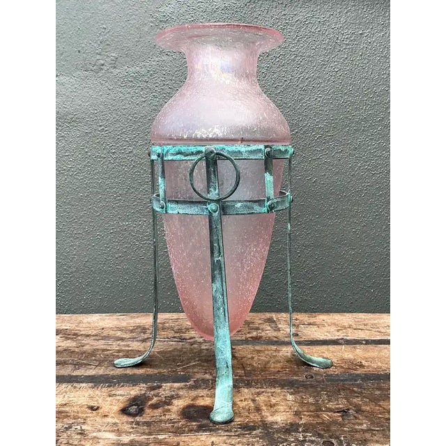 Vintage Patinated Metal Frame Glass Vase For Sale - Image 10 of 12
