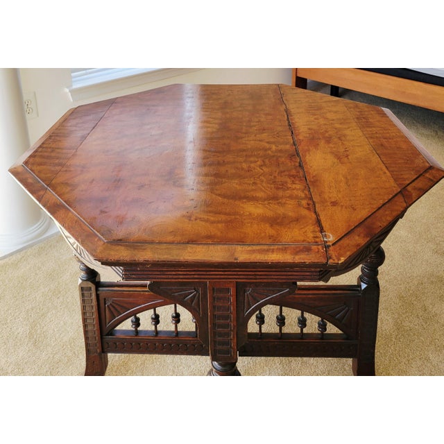 Traditional 1880s Eastlake Octagonal Burlwood Gaming Table For Sale - Image 3 of 17