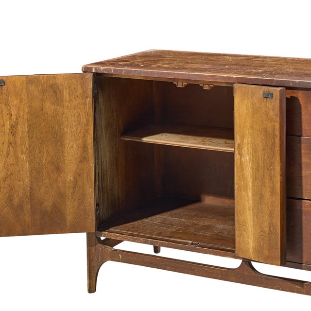 Broyhill Brasilia Mid Century Walnut and Brass Offset Credenza and Hutch For Sale - Image 9 of 13