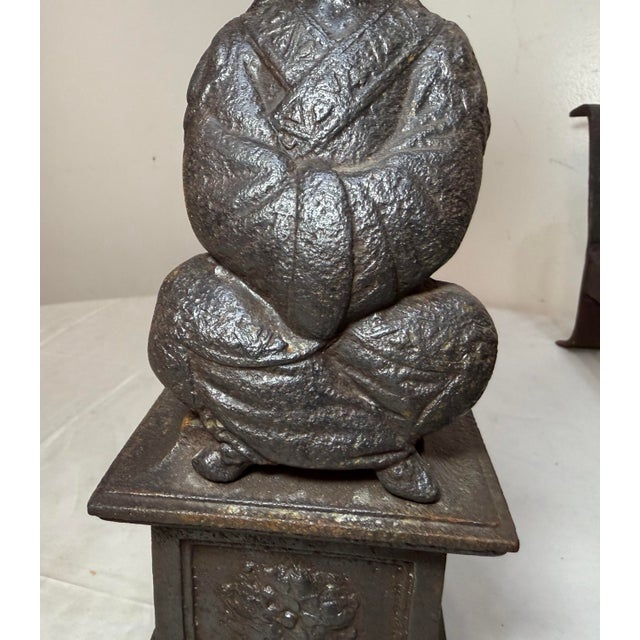 Antique Pair 19th Century Chinese Emperor & Empress Cast Iron Fireplace Andirons For Sale - Image 4 of 16