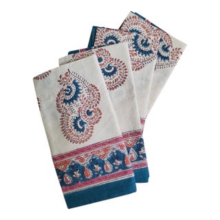 Pink & Turquoise Paisley Indian Block Print Cloth Napkins - Set of 4 For Sale