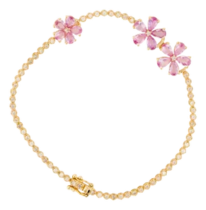 Nina Zhou Pink Sapphire Cherry Blossom Diamond Tennis Bracelet in 18k Yellow Gold