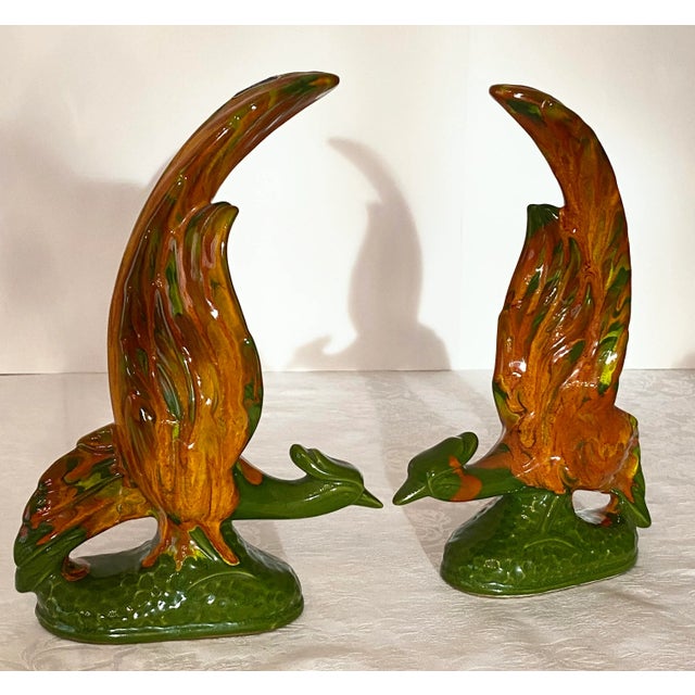 Rare Mid-Century California Original Pottery/Ceramics Oblong Scalloped Edged Low Bowl & Two Fire Phoenix Pheasant Birds 3 Pieces Excellent Condition. For Sale - Image 12 of 12