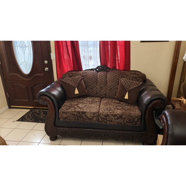 Ornate Traditional Burgundy Sofa & Loveseat Set For Sale - Image 4 of 9