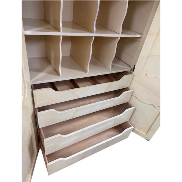 Animal Skin Henredon French Provincial Armoire in Professionally Lacquered Ivory Goatskin Parchment Finish For Sale - Image 7 of 12