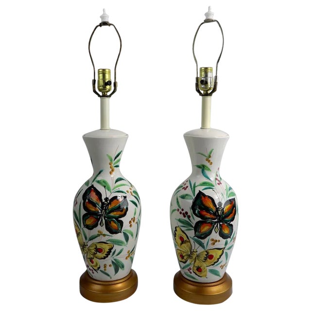 Porcelain Table Lamps With Butterflies - a Pair For Sale