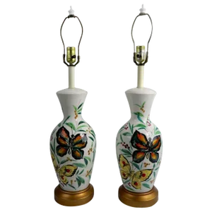 Porcelain Table Lamps With Butterflies - a Pair
