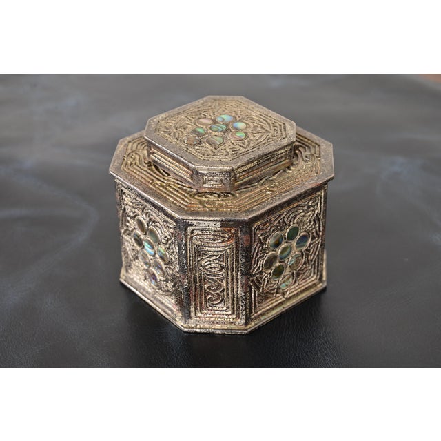 Art Deco Tiffany Studios New York Silvered Bronze and Abalone Inkwell For Sale - Image 3 of 15
