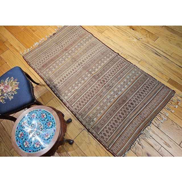 Textile Antique Uzbek Tribal Soumak Kilim, Handwoven Stripe Pattern, Brown & Gold, 4x7 For Sale - Image 7 of 16