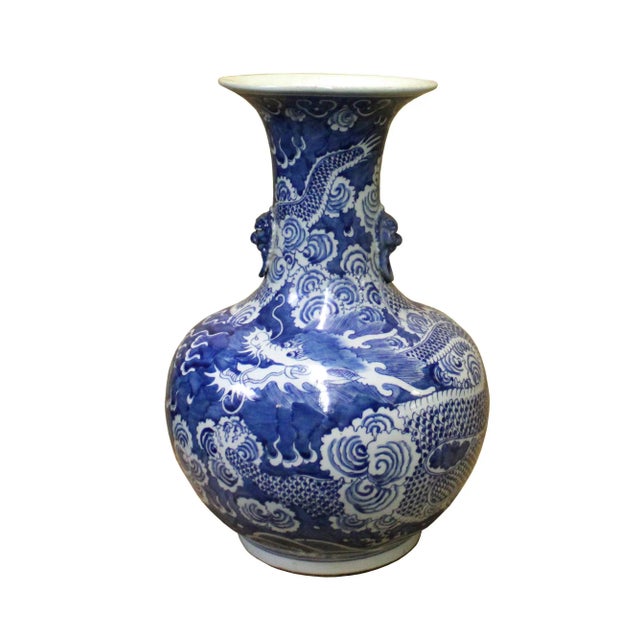 Ceramic Chinese Blue White Porcelain Oriental Dragons Scenery Graphic Vase For Sale - Image 7 of 7