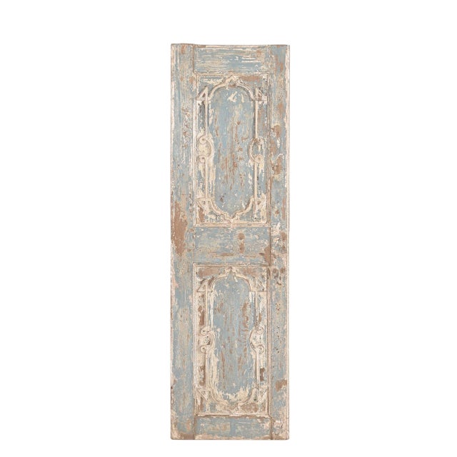 Antique Euro-Indian Painted and Carved Teakwood Panel, in the Italian rococo style, with much of its old blue/gray and...