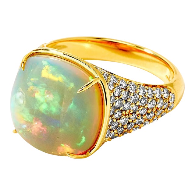 Syna Ethiopian Opal Yellow Gold Ring with Diamonds For Sale