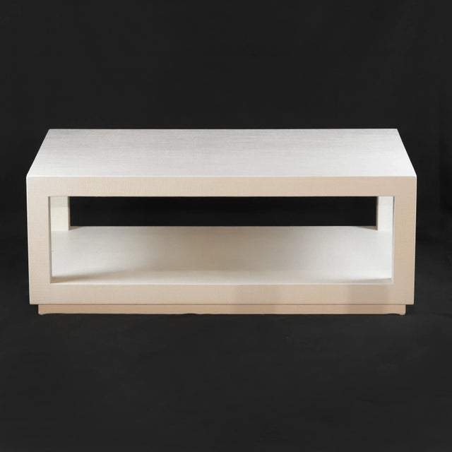 Karl Springer's style Vintage Raffia Covered Modern White Cocktail Table. White Raffia Square Coffee Table is made of...