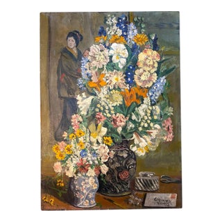 Floral Still Life With Envelope and Chinoiserie in Oil on Canvas For Sale