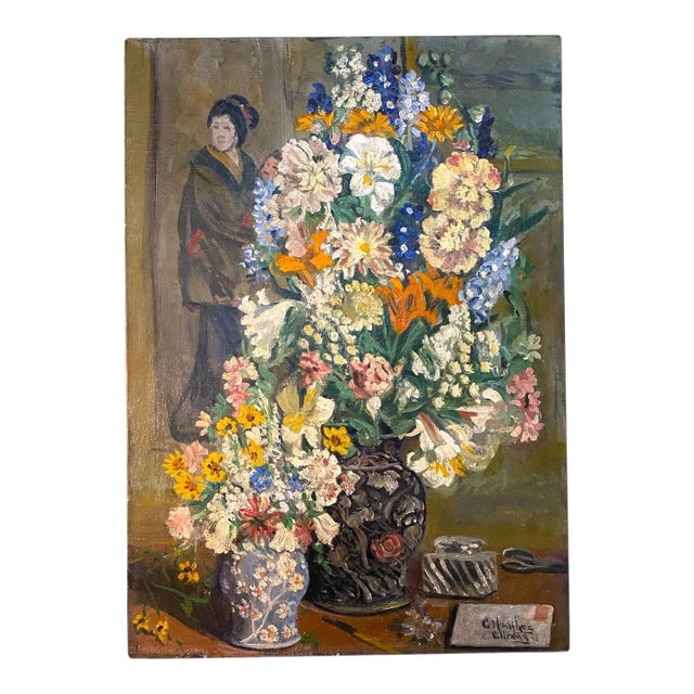 Floral Still Life With Envelope and Chinoiserie in Oil on Canvas For Sale