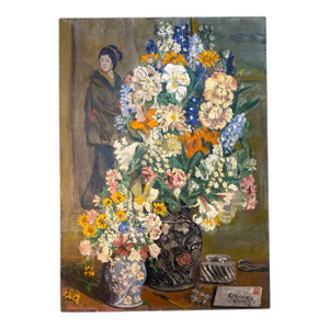Floral Still Life With Envelope and Chinoiserie in Oil on Canvas