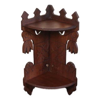 1920s Folk Art Dark Walnut Corner Shelf With Gothic Floral Details For Sale