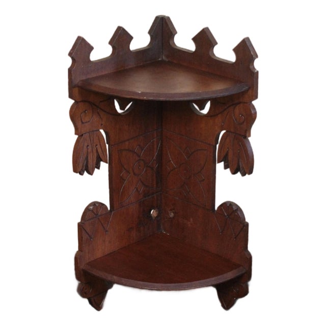 1920s Folk Art Dark Walnut Corner Shelf With Gothic Floral Details For Sale