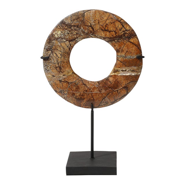 Neolithic Chinese Red Soapstone Bi Disc Carving on Iron Base For Sale