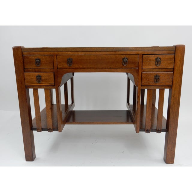 Antique Mission Arts & Crafts Oak Library Desk 38", Signed Bourn Hadley