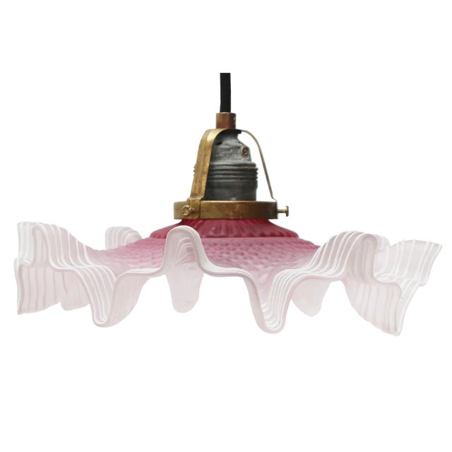 Art Nouveau French Pink Frosted Glass Pendant Light, 1920s For Sale
