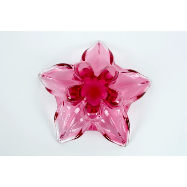 Glass Josef Hospodka Chribska Glassworks, Czech Pink Star Flower Footed Glass Dish For Sale - Image 7 of 9
