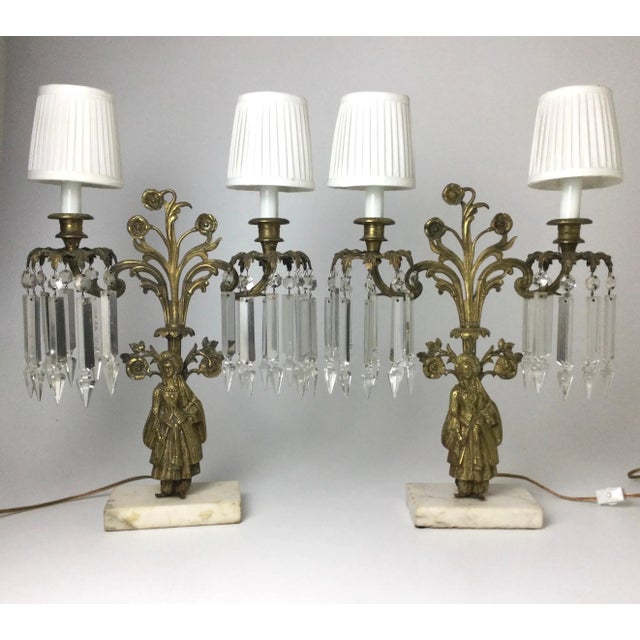 Mid 20th Century Brass Figural Candelabra Lamps with Prisms A Pair