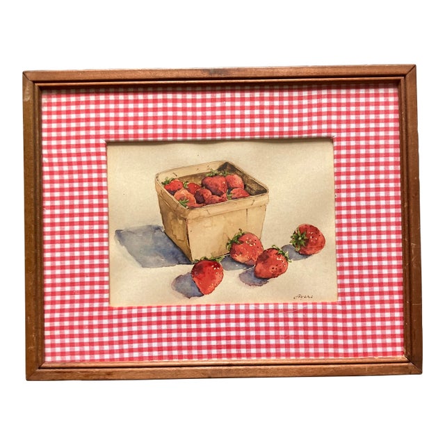 1950’s Original Country Americana Strawberries in Basket Watercolor Painting For Sale