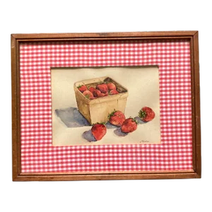 1950’s Original Country Americana Strawberries in Basket Watercolor Painting