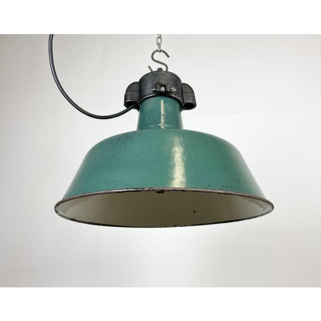 Green Industrial Green Enamel Factory Lamp with Cast Iron Top from Polam, 1960s For Sale - Image 8 of 16