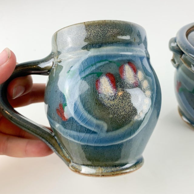 Vintage Abstract Studio Pottery Mug Sugar / Honey Creamer Set Signed Blue Green For Sale - Image 10 of 12