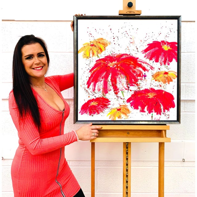 Painting of Abstract Red, Pink & Orange Wild Flowers on a White Background by Contemporary British Artist, Angela...
