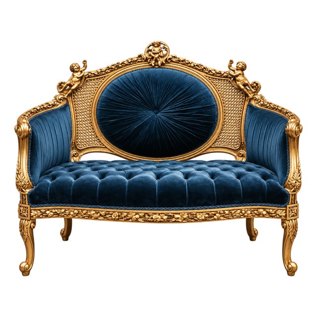 French-Style Bottle Green Velvet Settee – Tufted Upholstery, Cane Back & Ornate Gold Leaf Frame For Sale